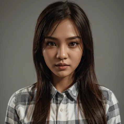 3D character of Indonesian girl aged 25 years, brown long hair, flanel, white skin, 3/4 body position with gaze straight ahead. Solid grey color background. Photos with very high detail,