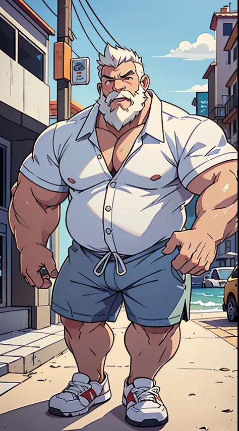 chubby old man in street city, old man, thick arm, huge arm, bearded. white hair and beard, bearded, muscular, pectoral, wide pe...