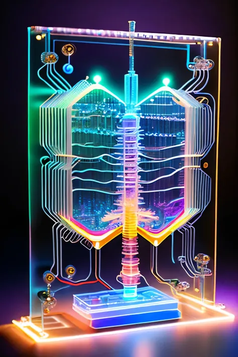 best quality, super fine, 16k, delicate and dynamic, X-ray of a work of art made of transparent crystal, precision machinery inside, circuit boards, diagrams, complex and innumerable colorful cables, IC chips, resistors, capacitors, light-emitting diodes, ...