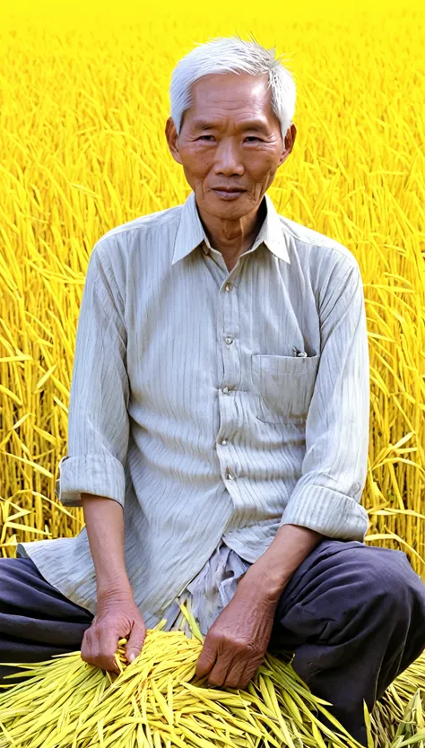 An old Asian man with white hair, thin features, white skin, thin, tall, wearing an old shirt, sitting on the edge of a bright yellow rice field.