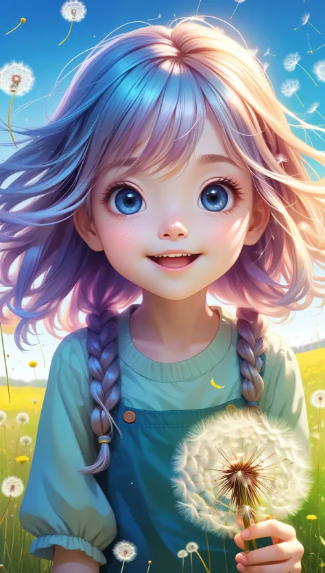 1 Girl(Lovely, Kawaii,child,hair floating,Hair Color Universe,Hair shiny,Braided hair,Messy hair,Dandelion Hair Accessories,Eye Color Universe,big eyes,Dynamic Angle:1.4,whole body,Dynamic poses,Delicate face,Bright colors,Blowing dandelion seeds,Smile),#b...