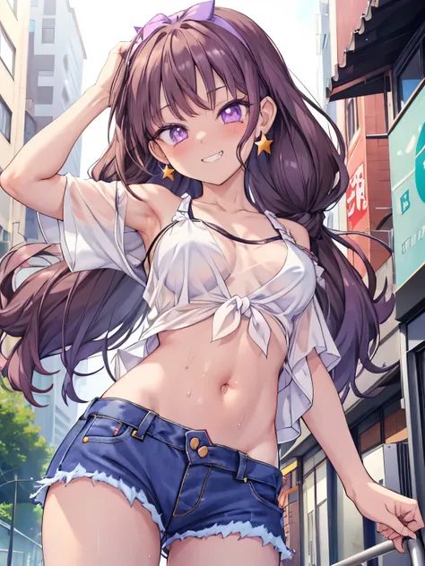 Amanogawa Kist, One girl, alone, Purple hair band, Brown Hair、Star earrings, Yellow Shirt, Exposing shoulders, Off the shoulder、
Denim hot pants、  View your viewers, Cowboy Shot, Are standing, 
street、
Thighs、Big Breasts、 belly button、Groin、Purple Eyes、Swe...