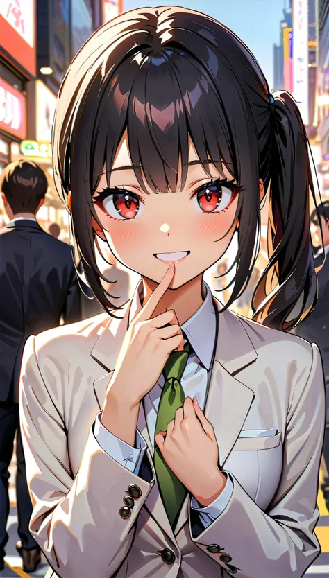 (highest quality:1.2, Very detailed, Ultra-high resolution, masterpiece:1.2, highest quality, Best aesthetics), (((1 girl))), Beautiful woman, , jk, blazer, Collared shirt with green tie, Pleated skirt, (Black Hair, Side Ponytail, Red Eyes), Reflection of ...