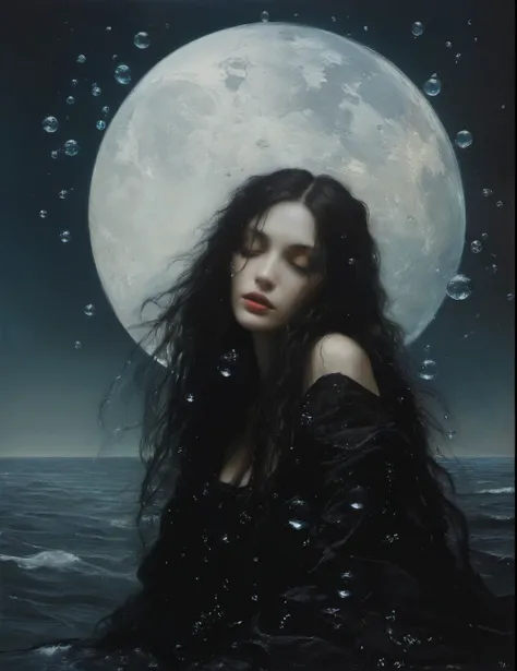 James Gurney, Surrealist art , dream-like, Mysterious, Provocative, symbolic, Complex, detailed,, (Gothic but very beautiful:1.4), (masterpiece, highest quality:1.4) , Nicola Samori Style, Siren Kissed by the Moon、Water bubbles