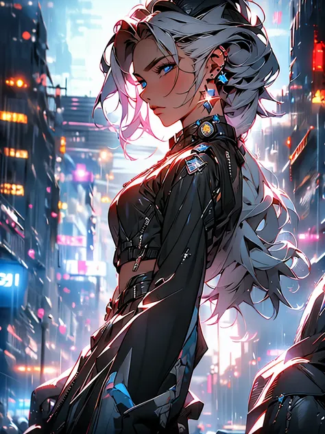 Retrato de natlp como uma bela modelo feminina, Georgia Fowler, rosto bonito, com cabelo castanho escuro curto, in cyberpunk city at night. Shes wearing a leather jacket, black pants, dramatic lighting, (police badge:1.2)