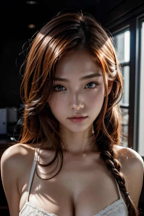 Portrait of a beautiful 18 year old girl, Redhead, Gorgeous Chinese, Cotton panties, At the entrance, (dark private office, Dark and gloomy light: 1.2), masterpiece, 最high quality, high quality, High resolution,, Braided hair、(Face close-up)､