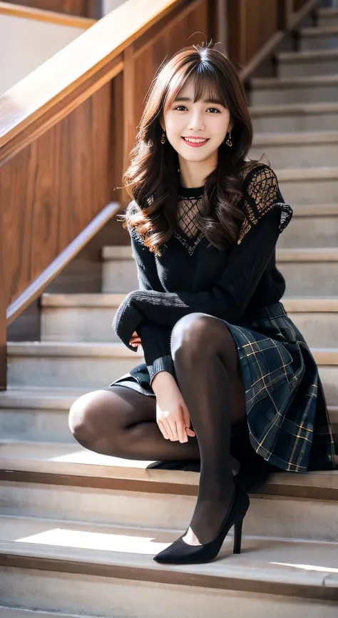 highest quality, Realistic, Very detailed, Finer details, High resolution, 8k wallpaper, One beautiful woman,Sit on the stairs、Full body photo、smile、black tights、Long sleeve blouse、Plaid knee-length skirt、pumps、Black Hair、 Beautiful Bangs、ear piercing、Perf...