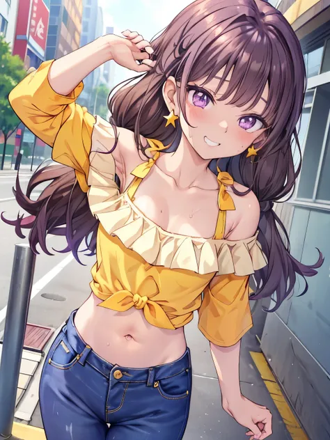 Amanogawa Kist, One girl, alone, Purple hair band, Brown Hair、Star earrings, Yellow Shirt, Exposing shoulders, Off the shoulder、
Small denim hot pants、  View your viewers, Cowboy Shot, Are standing, 
street、
Thighs、Big Breasts、 belly button、Groin、Purple Ey...