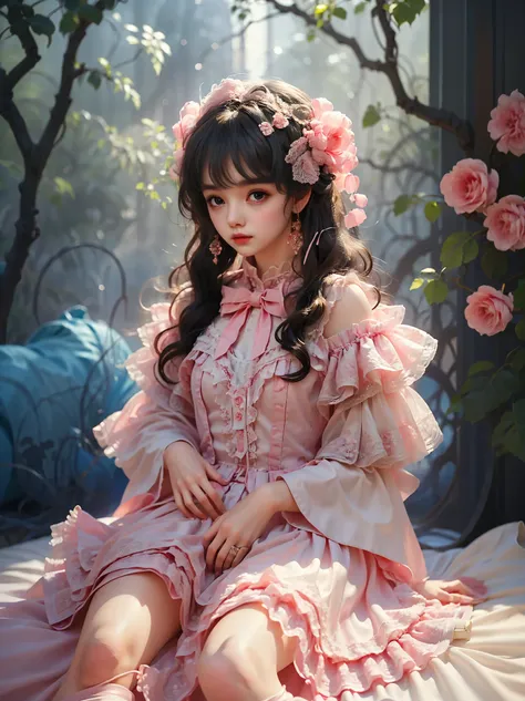 1girl, beauty, wearing a rose-red lolita magic dress，beautiful eyes，beautiful hair accessories，背景是beauty的魔法室，lolita style，second...