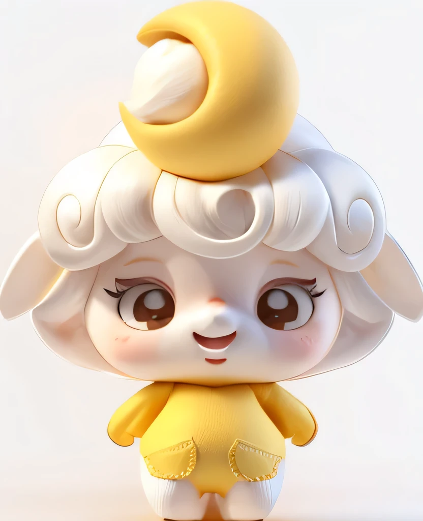 Cute cartoon character, yellow clothes, white hair, hair like cotton, with a yellow crescent in the hair, 3D full body, oc rendering,