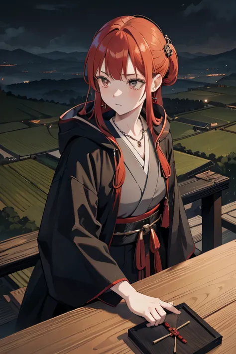 edo period japan, feudal Japan, red haired, ginger, gray kimono, black jacket, hooded, ominous, melancholic, grunge, olive background, moorlands background, open fields, night time, silver jewlery, dangly earrings, necklaces