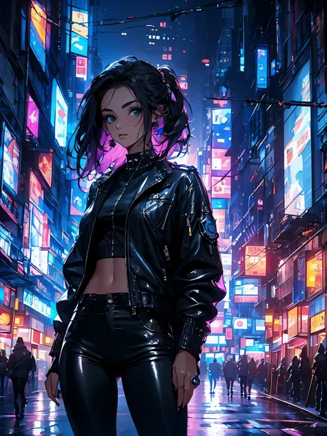 retrato de natlp como uma bela modelo feminina, georgia fowler, rosto bonito, com cabelo castanho escuro curto, in cyberpunk cit...