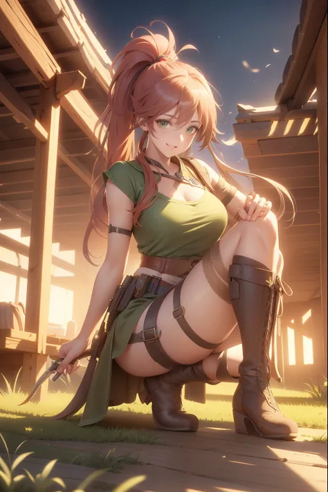 (extremely detailed CG unity 4k wallpaper),(masterpiece),(best quality),(ultra-detailed),(best illustration),(best shadow),(absurdres),(detailed background), Red long hair (Ponytail), green eyes, Daisy dukes, Smiling, Boots, Farm,