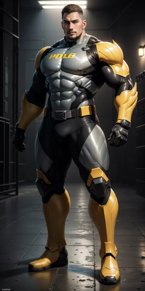 Tall giant muscular police officer，Yellow-gray honeycomb network pattern nano mecha，Honeycomb pattern，Lightweight texture，Character Concept（Resident Evil - Chris Redfield，Chris Redfield）senior police officer，Small grid texture，Regular symmetrical texture p...