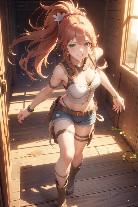 (extremely detailed CG unity 4k wallpaper),(masterpiece),(best quality),(ultra-detailed),(best illustration),(best shadow),(absurdres),(detailed background), Red long hair (Ponytail), green eyes, Daisy dukes, Smiling, Boots, Farm,