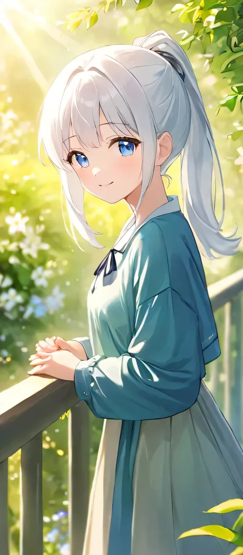 1girl,mature_girl,pony_tail,blue_eyes,outdoors,white_hair,looking_at_viewer,closed_mouth,holding_hands,day,blurry_background,rai...