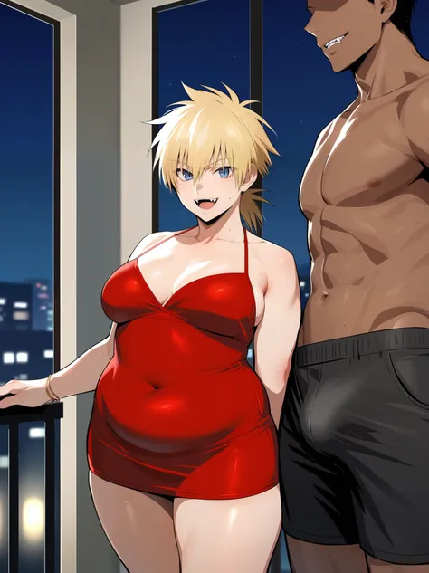 score_9, score_8_up, source_anime, standing, hellsing, seras, blonde hair, nude, indoors, night, night sky, nighttime, vampire, smirk, fangs, ikuchan, balcony, town background, clothed, male wearing shorts, muscular male, medium breasts, boyfriend, couple,...