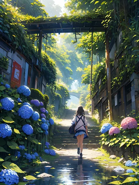 Hydrangeas, parque, lago, pequena colina, caminho de seixos,anime, obra de arte, melhor qualidade, Anatomicamente Correto, detalhes altos, 8k, papel de parede