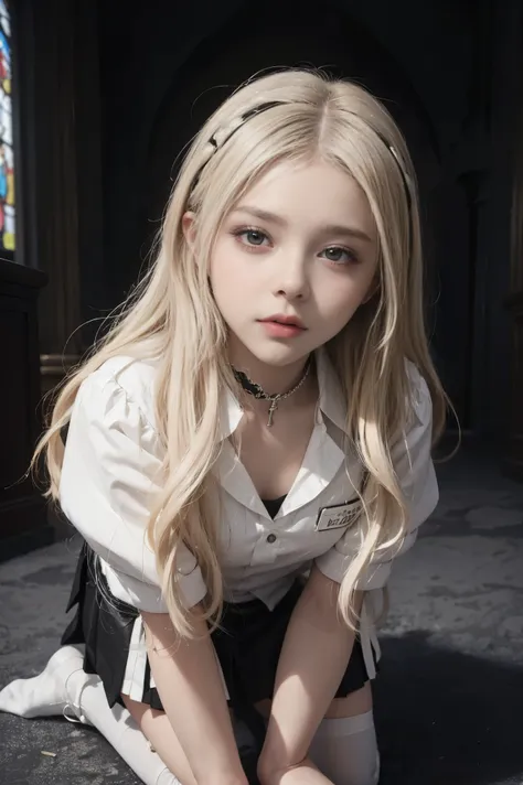 pov, chloe grace moretz, long blonde hair, white hair, school girl, white and black uniform, white and black skirt, black lace c...