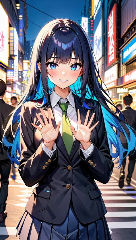 (highest quality:1.2, Very detailed, Ultra-high resolution, masterpiece:1.2, highest quality, Best aesthetics), (((1 girl))), Beautiful woman, , jk, blazer, Collared shirt with green tie, Pleated skirt, (Blue Hair, Long Hair, Blue Eyes), Reflection of ligh...