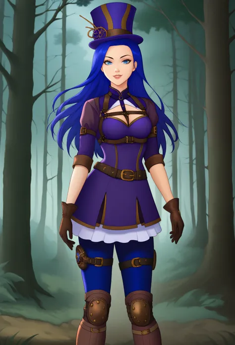CaitlynLoLXL, blue eyes, blue hair, long hair, purple top hat, hat ornament, medium breasts, purple dress, skirt, (brown medium sleeve:1.3), brown glove, harness, (blue pants:1.1), belt, knee pad, high boots, standing, looking at viewer, seductive smile, s...