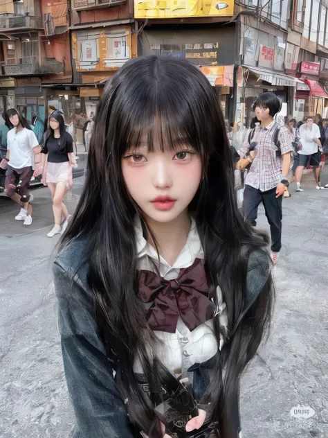 arafed asian woman with camera in street with people walking by, black hime cut hair, she has black hair with bangs, anime girl ...