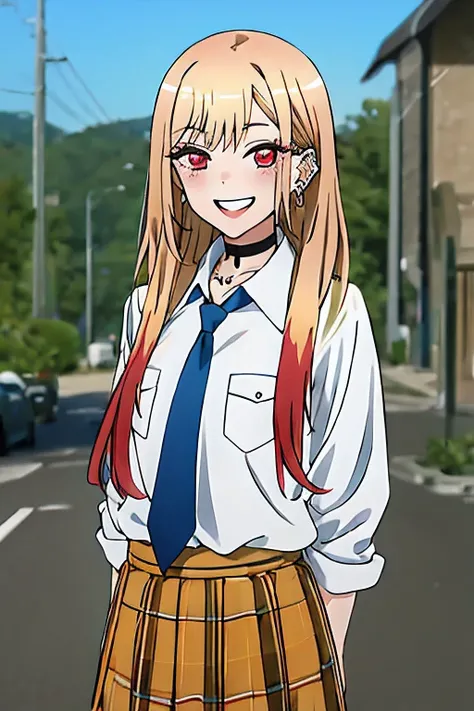 masterpiece, best quality, highres, kitagawa marin, 1girl, blonde hair, long hair, multicolored hair, red eyes, jewelry, earrings, piercing, , white shirt, tied shirt, black choker, blue necktie, plaid skirt, grin, smile, standing, cowboy shot, outdoors,