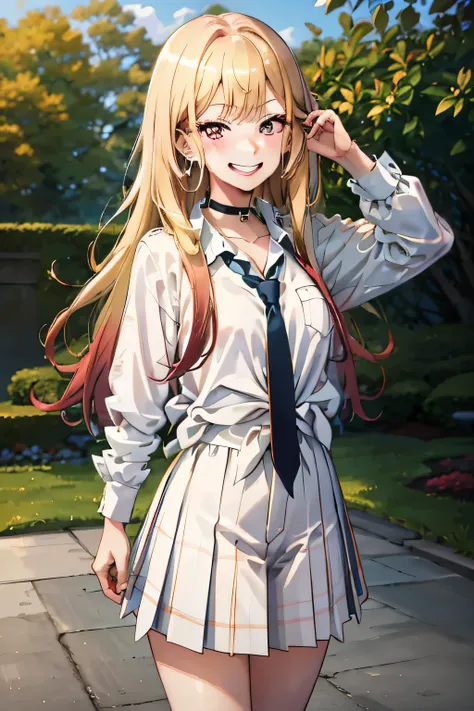 masterpiece, best quality, highres, kitagawa marin, 1girl, blonde hair, long hair, multicolored hair, red eyes, jewelry, earrings, piercing, , white shirt, tied shirt, black choker, blue necktie, plaid skirt, grin, smile, standing, cowboy shot, outdoors,