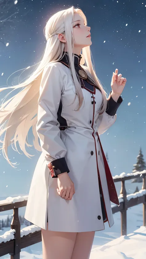 masterpieces, best quality, high details, (irisviel von einzbern), cattle background, winter, it's snowing, she stand alone and ...