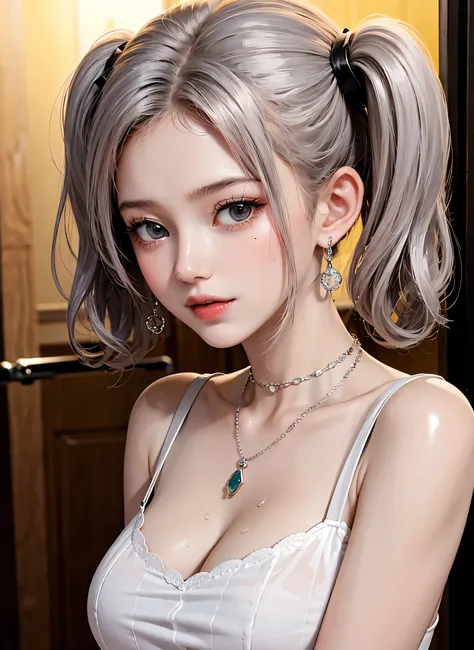 high quality, Lots of details, A girl with silver hair and twin tails poses cutely. They are wearing vintage sexy clothes., Putting on a bracelet, Earrings and Necklaces. I can see big things, Cleavage, Shining Breasts, Sweat drips from her cleavage, Sexy ...