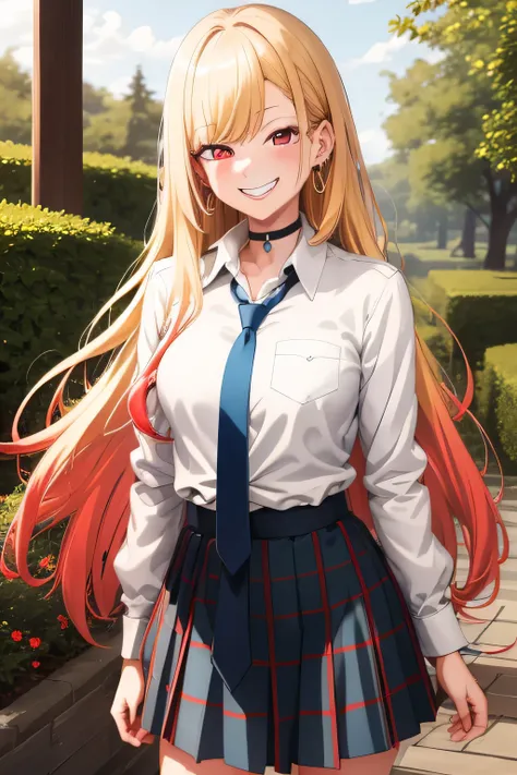masterpiece, best quality, highres, kitagawa marin, 1girl, blonde hair, long hair, multicolored hair, red eyes, jewelry, earrings, piercing, , white shirt, tied shirt, black choker, blue necktie, plaid skirt, grin, smile, standing, cowboy shot, outdoors,