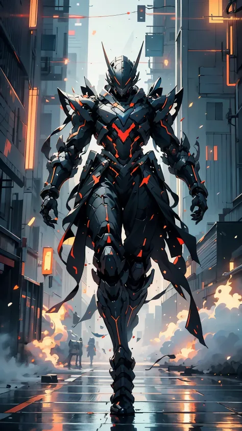 A man wearing a full-face helmet, a fantasy-style biomecha armored combat suit, green eyes, a composite layered chest armor, fully enclosed shoulder guards, matching arm and leg guards, the belt is adorned with dragon claw grasping orbs, primarily black wi...