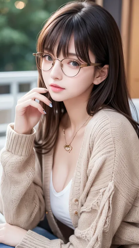 gorgeous adult woman, long neck, long hair, bangs, perfect eyes eyes, soft light, high quality, 4k resolution, casual clothes, bead necklace, knit cardigan, over-rim eyewear, bespectacled