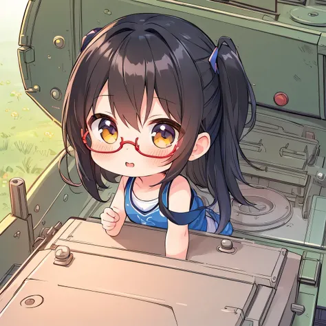 ((masterpiece)), ((best quality)), (ultra-detailed), ((kawaii)), cute, (lovely), illustration, anime style, a tank, ((chibi)), tank top, Beautiful girl with only her upper body sticking out of the commanders cupola of the tank. pointing forward, long black...