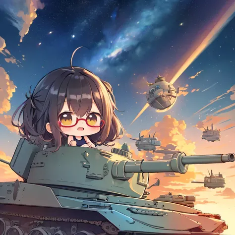 ((masterpiece)), ((best quality)), (ultra-detailed), ((kawaii)), cute, (lovely), illustration, anime style, a tank, ((chibi)), tank top, Beautiful girl with only her upper body sticking out of the commanders cupola of the tank. (pointing forward), long bla...