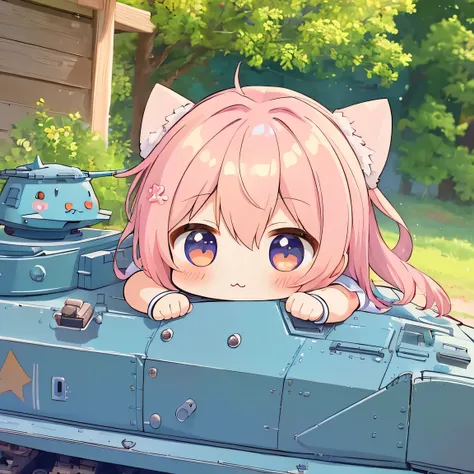 ((masterpiece)), ((best quality)), (ultra-detailed), ((kawaii)), cute, (lovely), illustration, anime style, a tank, ((chibi)), tank top, Beautiful girl with only her upper body sticking out of the commanders cupola of the tank. (pointing forward).