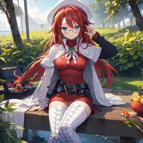 pov,(nsfw:1.2),summonnightaty, aty, (young:1.3),long hair, blue eyes, red hair, beret, hat, glasses,
BREAK long hair, thighhighs, hat, dress, boots, glasses, belt, cape, sweater, zettai ryouiki, beret, thigh boots, white footwear, ribbed sweater, loose bel...