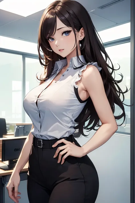 (((masterpiece))),(((High resolution)))、(((8K quality)))、(((perfect face)))、(((Beautiful office woman))), ((sleeveless)), (pants), look at the camera, ((top quality eyes)), detailed face, (detailed texture), look at the camera, big tits
