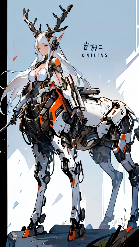 Gorgeous Girl in centaur armor, cleavage, shows skin, lower body is cybernetic, cybernetic legs, white hair, red armor, detailed face, eyes, nose, mouth, 4 legs, divine, mysterious