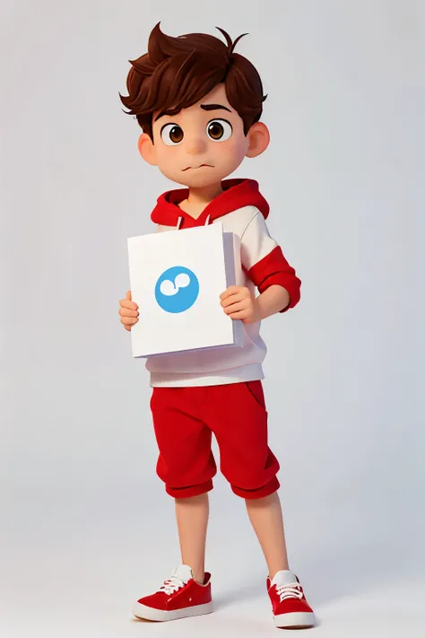 Create an image in Disney style of a young boy holding a blank white sign. He has short curly hair, a short mustache with a small goatee, and wears a red hoodie against a white background.