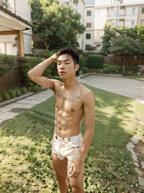 Change the background to grass. ,daytime, handsome,Japanese,teenager, Take off your shirt.