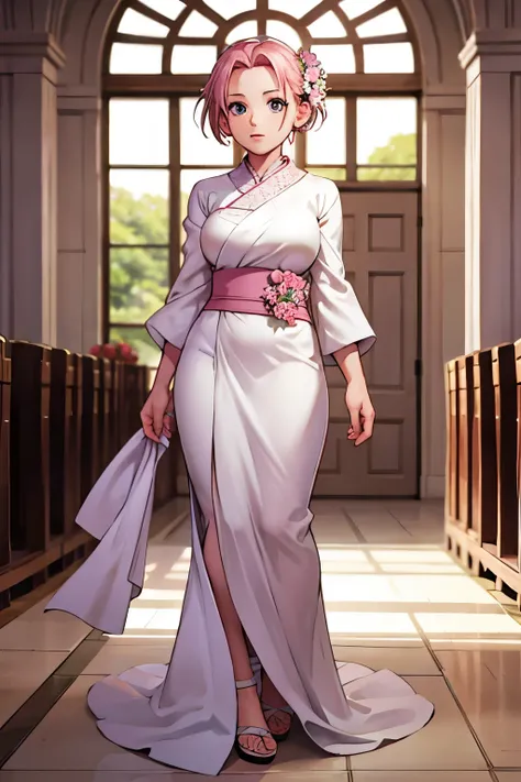 sakura haruno, ((solo)), alone, bride, wearing a white wedding dress, queen, happy, ((forehead to show)), standing, entering the...