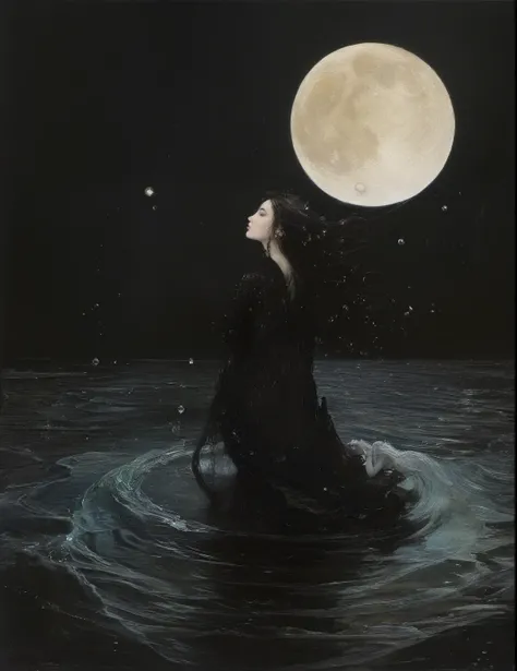 James Gurney, Surrealist art , dream-like, Mysterious, Provocative, symbolic, Complex, detailed,, (Gothic but very beautiful:1.4), (masterpiece, highest quality:1.4) , Nicola Samori Style, Moon Mermaid , Water bubbles
