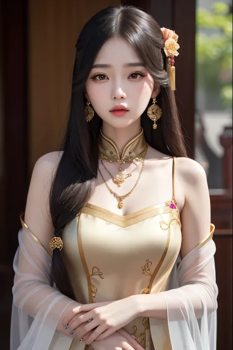 1girl, long_hair, portrait, upper body, china transparent silk dress, dress, hair ornament, necklace, jewelry, long hair, earrings, chinese clothes