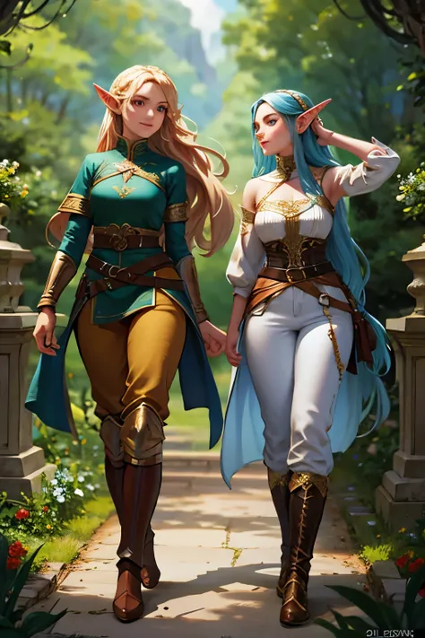 photorealistic, a high resolution, 2 beautiful female elf warriors, ((twins)), long braided golden hair, (wear elven baroque arm...