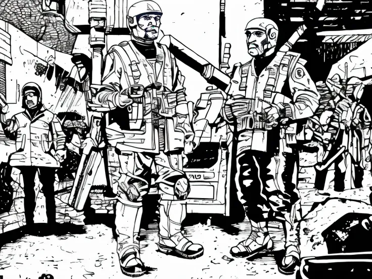 ((grey scale)), man, woman, vest, sci-fi, pistol, tools, weapons, suit, speaking, worn out, guards, helmet, neurohelmet, pilot, guard, rifle, holster, ballistic vest,  boots