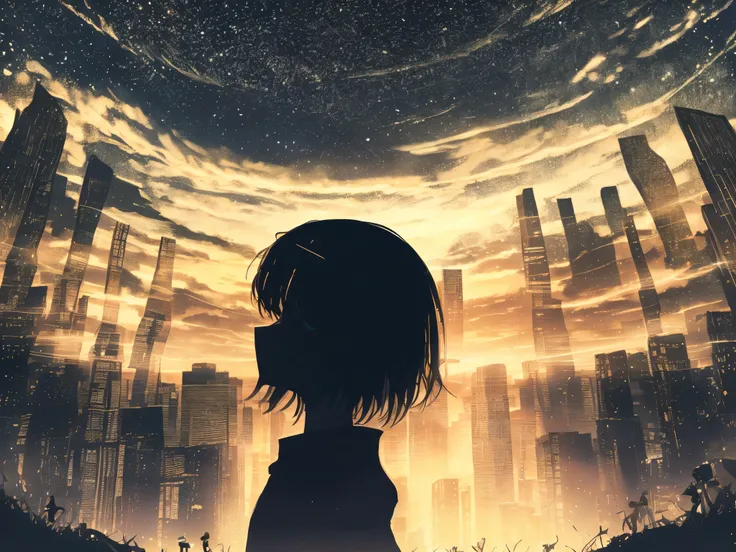 anime,silhouette,1girl, headphone、Back view、Blonde、Holding a cigarette in your hand、in the room,dark,star (sky), cloud, cityscape, building, city, outdoors, skyscraper, city lights, night, night sky, sunset, skyline