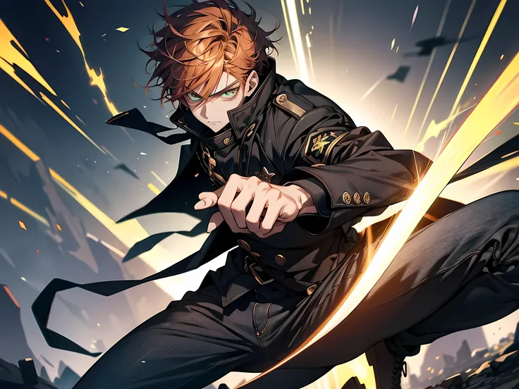 Anime male teenager with short auburn green hair and yellow coloured eyes, lean-body, an oversized black-charcoal coat and black slim straight jeans, in fighting pose holding a Dao sword on his palm in front of the camera view, sparks and electrical aura, ...