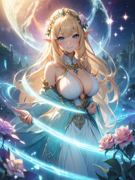 最high quality、1girl  ELF
NP: worst quality ,flower fractal art,
rule of thirds composition,
beautiful glow,
romanticism,
the most beautiful form of chaos, various colors, entangled flower, Particle,magical gentle light,smile,sexy,Image quality、masterpiece、...