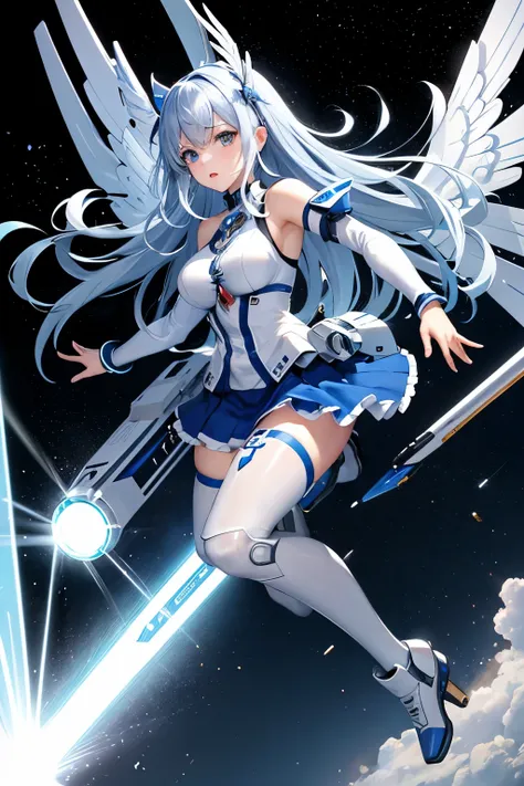 （（（highest quality、first-clasasterpiece、Normal body、8k、Detailed face、Ultra-precision、Normal hand、Normal finger、５Finger、）））Blue and silver hair、Machine Angel、Large mechanical wings、Large booster、Large thruster、Thought-guided remote-controlled weapon、Beam ri...